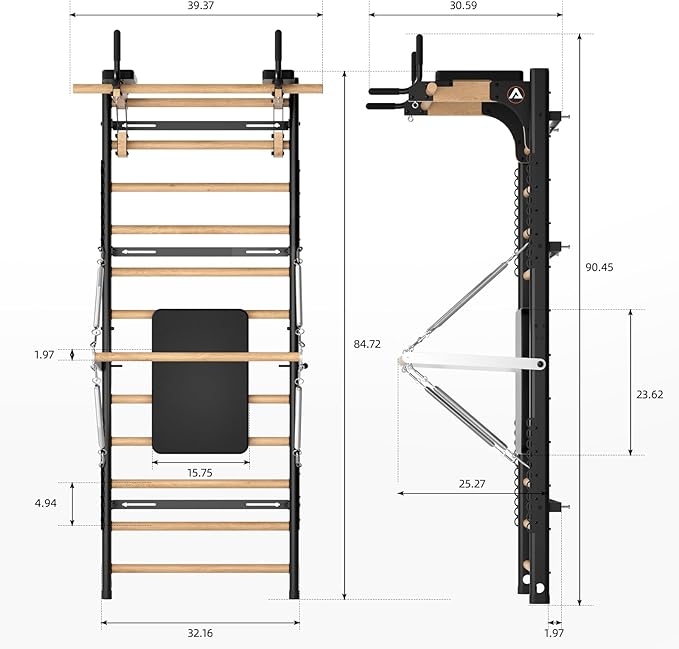 Swedish Ladder Pro, Wood Stall Bar with Push-Through Bar, Adjustable Pull-Up Dip Bar for Adults and Kids, Accessories Bundle, Spring, for Home, School, Physical Therapy and Gymnastics