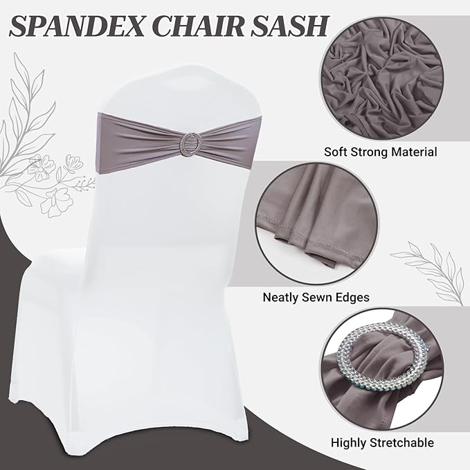 MDS Pack of 100 Spandex Chair Sashes Bow Premium Stretch Chair Cover Band with Buckle Slider Universal fits Elastic Dining Chair Ties for Wedding Party Banquet Events Decoration - Silver Gray