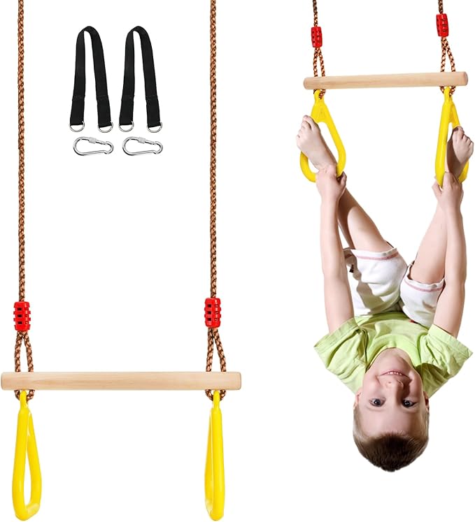 Trapeze Bar, 16" Adjustable Height Wooden Swing Set, Trapeze Climbing Bar Assembly with Rings, Gym Hanging Accessories Playground Attachments