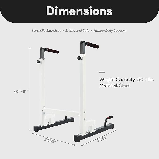 BalanceFrom Steel Frame Dip Station with Adjustable Height, 500 Pound Weight Capacity – Upper Body Workout Home Gym Equipment for Triceps, Push & Pull Ups, Leg Raises, and Bench Press