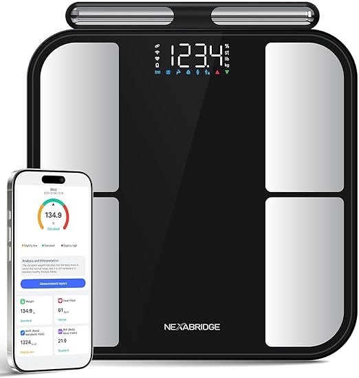 8 Electrodes Smart Scale for Body Weight, BMI, Body Fat, Muscle Mass, Dual Frequency Digital Bathroom Scale, 56 Full Body Composition Analysis, Sync App, Bluetooth, 400 lbs - Nexa 5