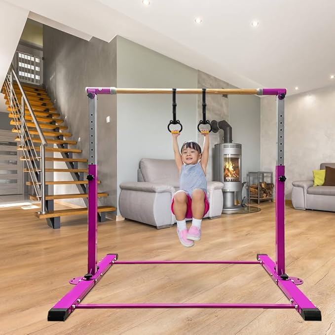 Gymnastics Bar for Kids Girls Ages 3-15 with Ring for Home Indoor Training Equipment- Steady Steel Construction, Anti-Slip, Easy to Assemble, 3' to 5' Adjustable Height