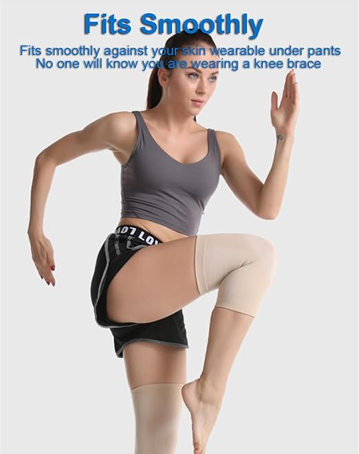 1 Pair Knee Compression Sleeves for Women & Men, Lightweight Thin Knee Sleeves for Knee Pain Relief, Knee Warmers Knee Brace Undersleeve Dancer Knee Pads, Knee Brace for Women Daily Use, Vendas Para Rodillas (Beige, Large)