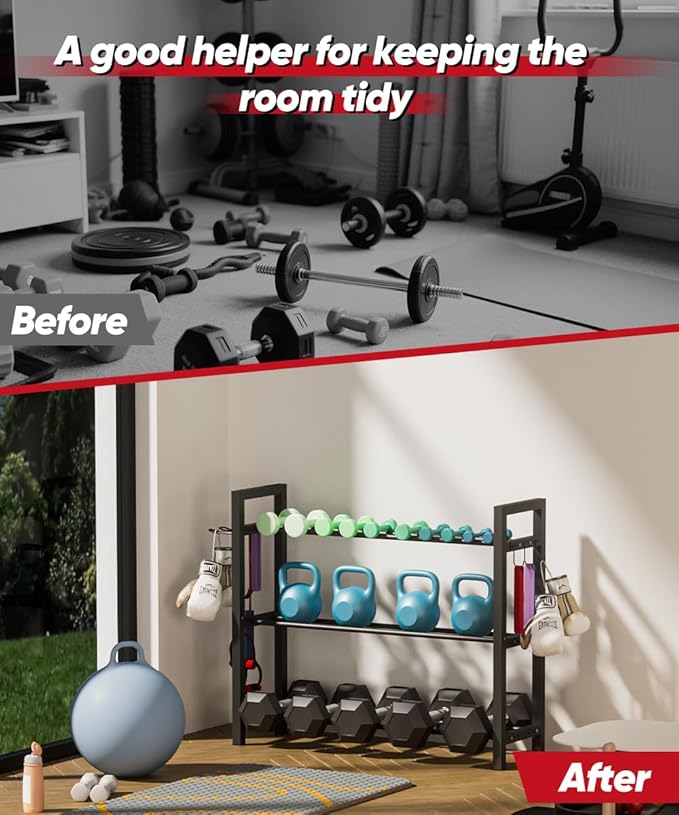 Adjustable Dumbbell Rack, Weight Storage Stand Holder for Dumbbells & Kettlebells, Heavy-Duty Metal Home Gym Workout Organizer with Hook for Gym Equipment Accessories (Rack Only)