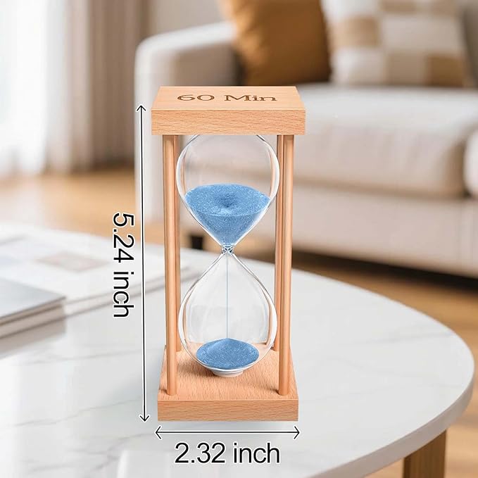 60 Minute Sand Timer, 60 Min Wood Small Hourglass Timer, Blue Sand Clock, One Hour Wooden Hour Glass for Classroom, Sandglass, Reloj De Arena Decorativo, Home, Office, Game, Gift