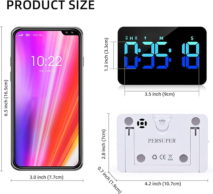 PERSUPER Kitchen Digital Timer, Count Down Up, Rechargeable, Vibration Mode Adjustable Volume and Brightness LED Display, Time Management Cook, Desk, Kids Adults Study Teaching, Kitchen Gadgets Blue
