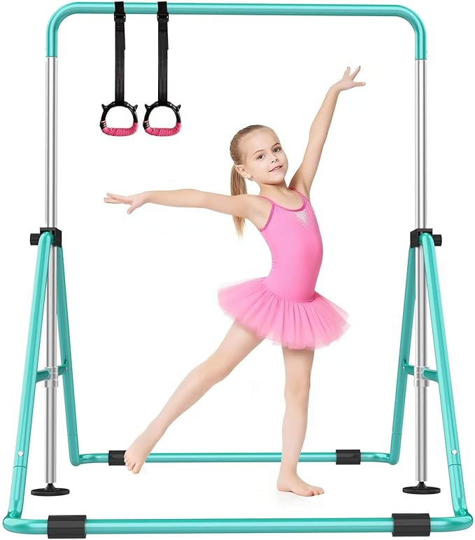 SHIWEI Gymnastics Bar for Kids, Foldable Gymnastic Bar with 5 Adjustable Height, Expandable Training Equipment for Indoor/Outdoor