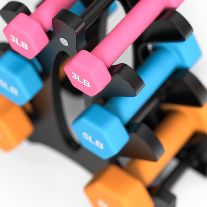 Portzon Weights Dumbbells Set 3, 5, 8, and 10 Pound Neoprene Dumbbell Free Hand Weight Set with Rack, Ideal for Home Exercises, 32 LB, Anti-Slip, Anti-roll, Hex Shape