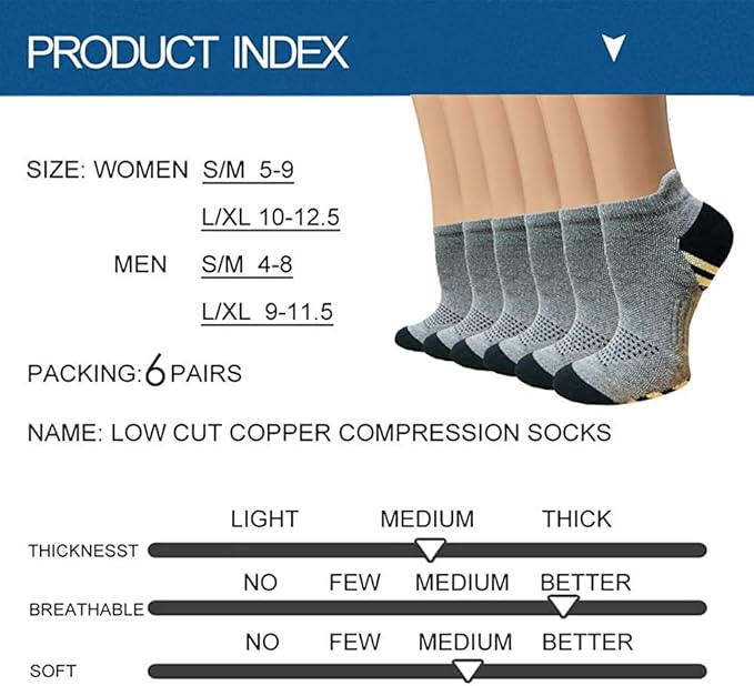 Copper Compression Socks Women and Men 6 Pairs - Circulation Arch Support Plantar Fasciitis Running Ankle Socks