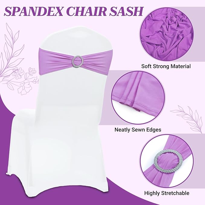 MDS Pack of 125 Spandex Chair Sashes Bow Universal fits Elastic Stretch Chair Bands Ties with Buckle for Wedding Party Banquet Events Decoration Spandex Slider Sashes Bow - Light Purple