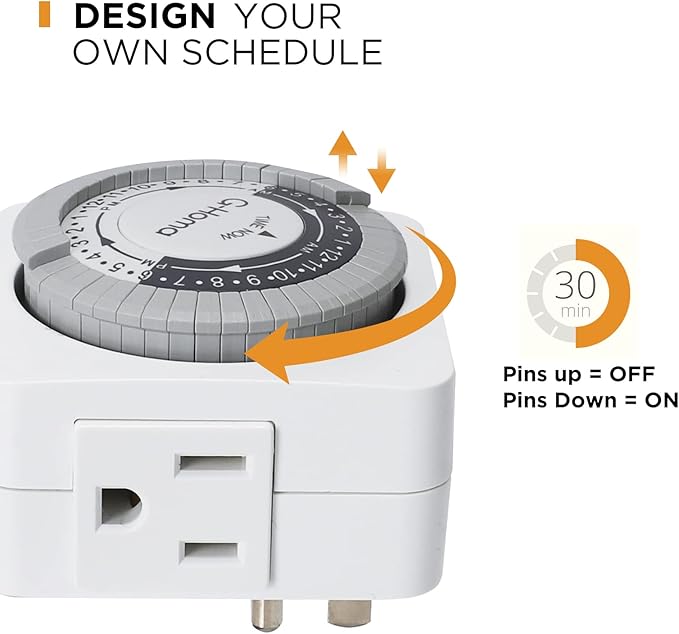 G-Homa Timers for Electrical Outlets, 24 Hour Indoor Plug-in Mechanical Timer Mini, 30 Minute Intervals, 3-Prong, Daily On/Off Cycle, for Lights, Lamps (4-Pack, ETL Listed)
