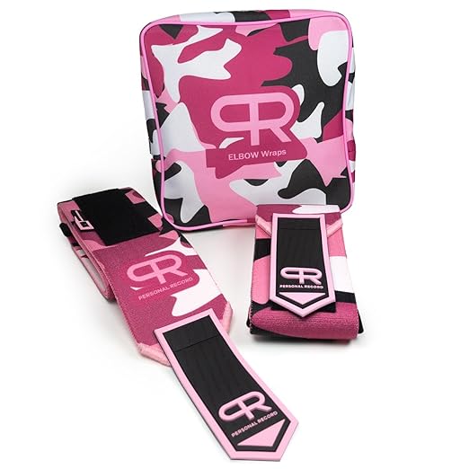 PR Personal Record Elbow Wraps for Weightlifting - Heavy Duty Construction, 25% More Elasticity, Reinforced Stitching, Extra Wide Fastener, Easy to Adjust, 3 Inches x 36 Inches (Digital Pink)