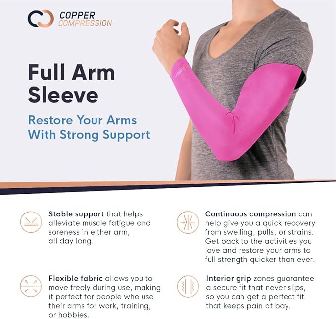 Copper Compression Arm Sleeve - Copper Infused Full Arm Brace for Forearm, Bicep, Triceps - Tennis Elbow, Basketball, Golf, Arthritis, Tendonitis, Bursitis, Post Surgery Rehab - Odor Resistant - Pink - L