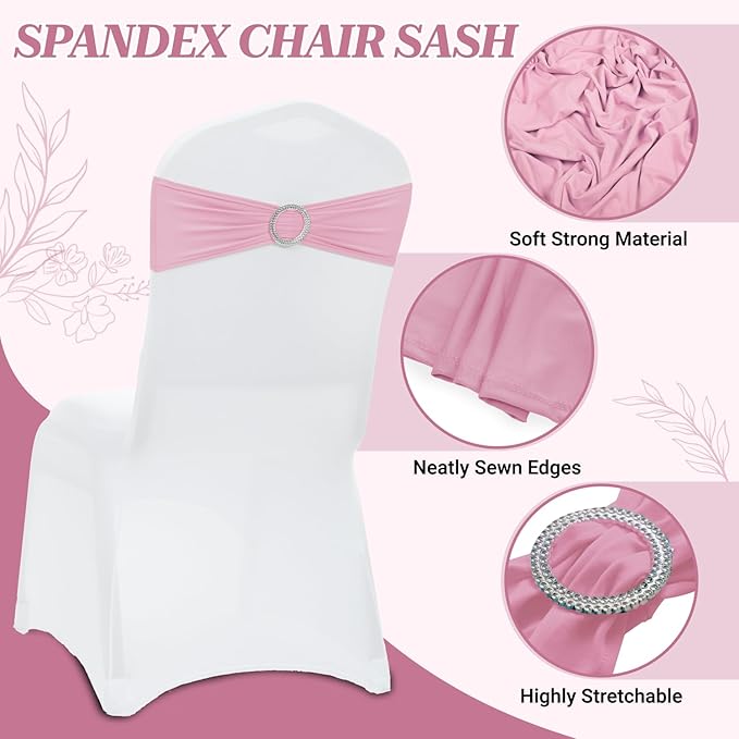 VDS - Pink | Spandex Chair Sashes Bows | 125 PCS | Stretch Elastic Banquet Universal Folding Chair Band Tie with Silver Buckle Slider for Wedding Party Conference Celebration Event Decoration