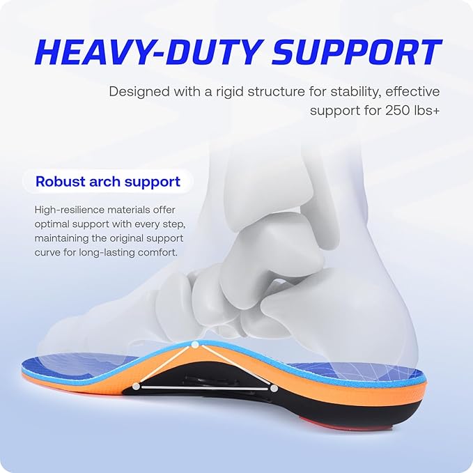 VALSOLE 250+ lbs Plantar Fasciitis High Arch Support Insole for Men Women,Heavy Duty Support Pain Relief Orthotics Insert,Relieve Flat Feet,High Arch,Foot Pain,Standing All Day Boot Work Shoe Insole