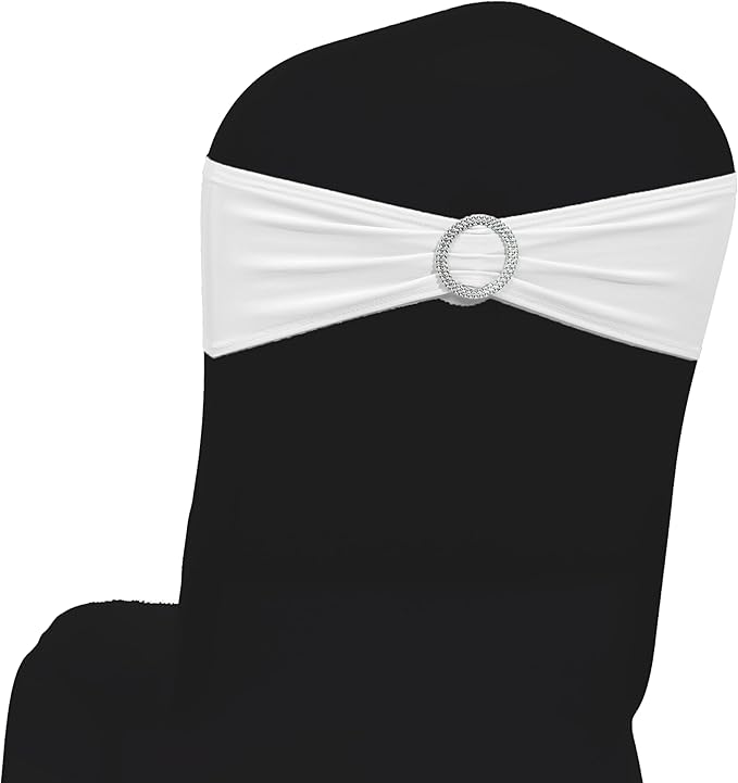 MDS Pack of 200 Spandex Chair Sashes Bows Universal fits Elastic Stretch Chair Bands Ties with Buckle Slider Bow for Wedding Decoration Spandex Slider Sashes Bow - White