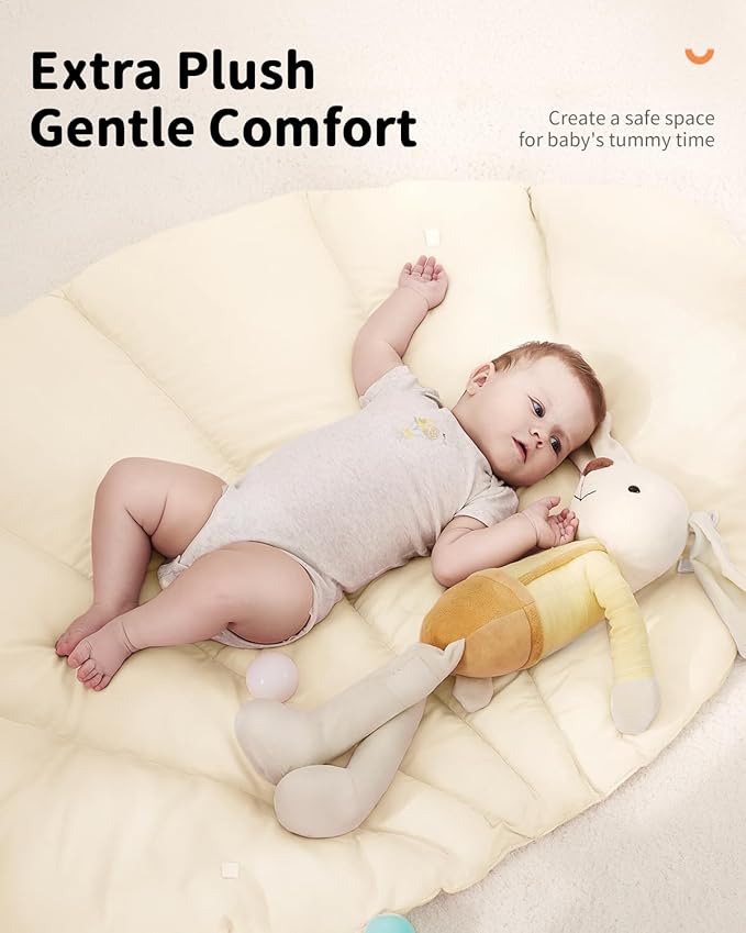 ANGELBLISS Baby Play Gym Mat, Reversible Tummy Time Mat with 6 Sensory Toys for Stage-Based Developmental, Thick & Large Baby Activity Center from Newborn to Toddler (Beige)