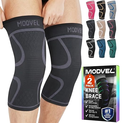 Modvel 2 Pack Knee Brace for Women & Men - Knee Support for Walking, Knee Compression Sleeves for Pain Relief, Knee Sleeves for Women, Knee Sleeves for Men, Knee Brace for Sports, Workouts & Arthritis