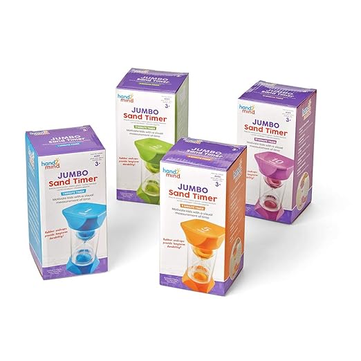 hand2mind Jumbo 1, 2, 5, and 10 Minute Sand Timer Set with Soft Rubber End Caps, Hourglass Timer, Visual Timer for Toddlers, Calm Down Corner, Time Out Timer, Large Classroom Timer (Set of 4)