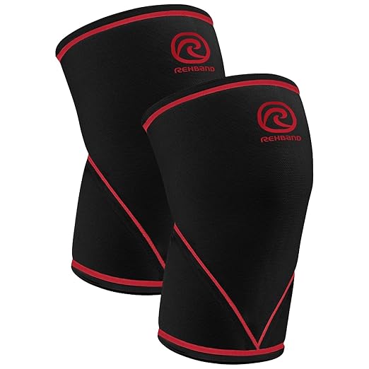 Rehband Classic 7mm V Knee Sleeve for Weightlifting, Competition Grade Powerlifting Knee Sleeve, Compression Sleeve for Crossfit, Squats, Gym & Heavy Lifts, Colour:Black/Red - 1 Pair, Size:X-Small