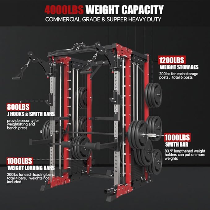 Commercial Smithe Machine with Dual Weight Stacks, Power Cage Squat Rack with Lever Arm & Leg Press Attachment, Multi-Function Linear Bearing Cable Crossover Machine for Home Gym