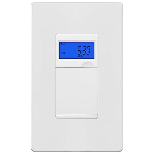 Enerlites 7 Days Digital in-Wall Programmable Timer Switch for Lights, Fans, and Motors, Single Pole, Neutral Wire Required, 18 ON/Off Timer Settings, with Blue Backlight, White, Screwless Wall Plate