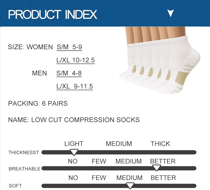 Copper Compression Socks Women and Men 6 Pairs - Circulation Arch Support Plantar Fasciitis Running Ankle Socks
