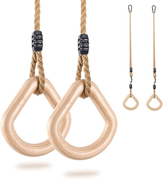 YAERSI Wooden Gymnastics Rings,Pull up Rings with Adjustable Buckle, Wooden Swing Rings for Kid's Home Exercise