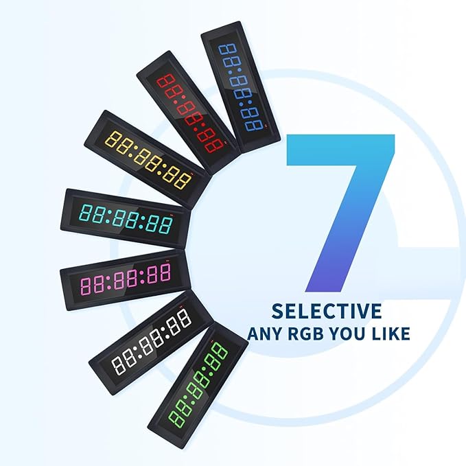 Gym Timer Clock with Remote Control & Push Button,7 RGB Color, Programmable Interval Timer, Countdown/Up Stopwatch,Wall Clock for Home Gym Garage,Portable Training Accessories(Battery+Stand)