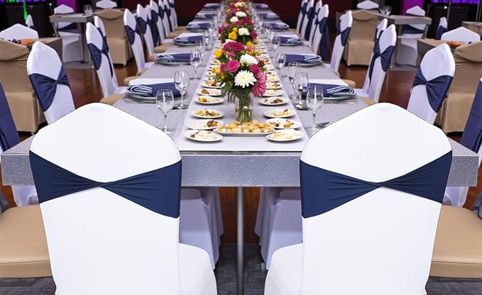 MDS Pack of 50 Spandex Chair Sashes Bows Elastic Stretch Dining Chair Bands Ties Without Slider Buckle Universal fits for Wedding Baby Shower Birthday Party Banquet Event Decoration - Navy Blue