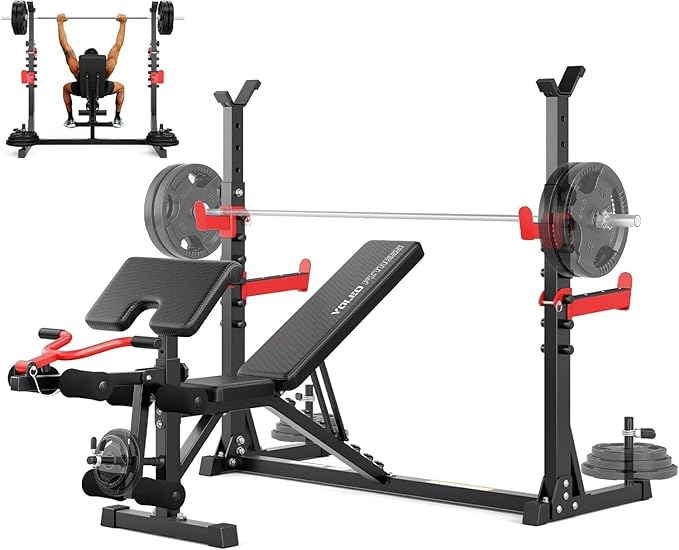 Yoleo Weight Bench with Rack - Bench Press Set, Leg Extension, Preacher Curl & Flat/Incline/Decline Full Body Workout Bench, Adjustable Olympic Weight Benches for Home Gym(47.44IN WIDE GRIP)