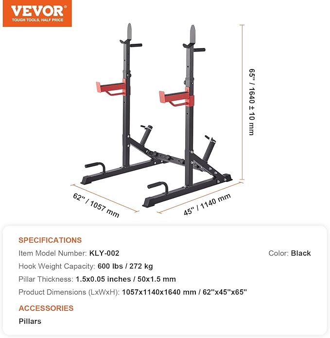 VEVOR Squat Stand Power Rack, Multi-Functional Barbell Rack with Hook, Weight Plate Storage Attachment, Adjustable Free Bench Press Stands, Max Load 600 Lbs Steel Exercise Squat Stand for Gym/Home Gym