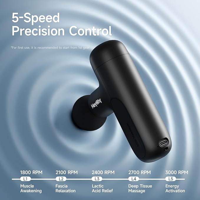 HEYCHY Super Mini Massage Gun Deep Tissue, Handheld Muscle Massager with 4 Heads, Percussion Travel Size Massager Gun for Back Pain Relief, Quiet for Home, Gym, Office, Perfect for Men & Women, Black