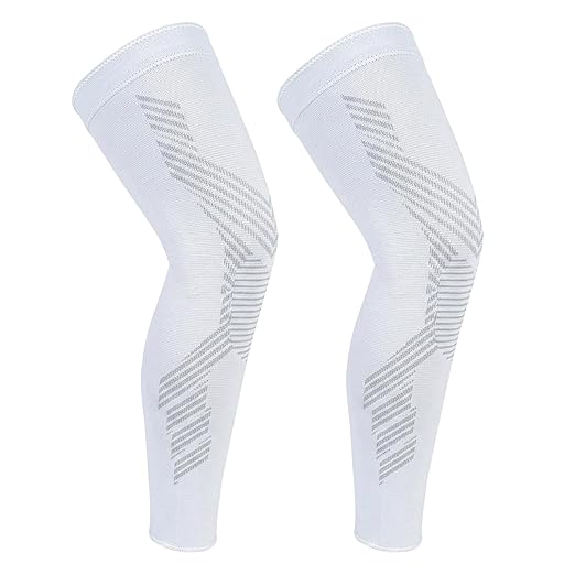 NuCamper Full Leg Compression Sleeves for Men and Women,2 Pack Legs Sleeves Long Knee Brace Support for Running, Basketball, Cycling, Workout, Sports - White,3XL
