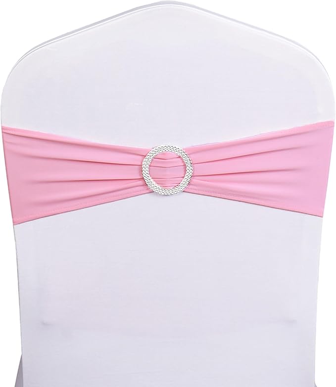 100PCS Stretch Wedding Pink Chair Sashes Bands with Buckle Slider Sashes Bow Decorations 25 Colors (Pink)