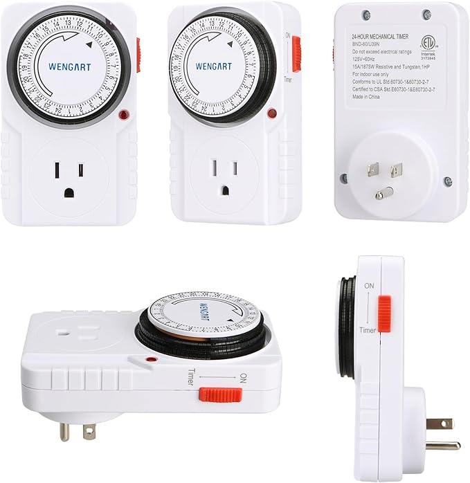 Wengart 24-Hour Mechanical Plug-in Timer, 15A 1HP Heavy Duty Indoor Outlet Timer for Lamps, Christmas Lights & Appliances, Programmable Switch with 15-Min Intervals, ETL Listed, White (1)