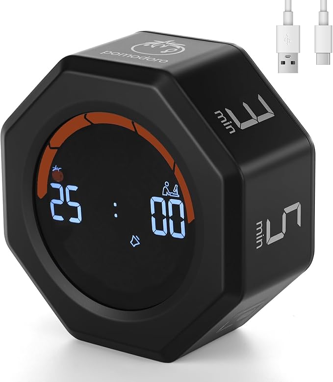 Small Productivity Timer - Pomodoro Timer with 3/5/10/25/60 Min Presets & Custom Countdown | Magnetic Rechargeable Digital Clock for Desk, Study and Games (Black)