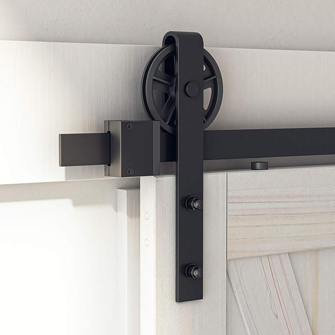 SMARTSTANDARD 8 FT Heavy Duty Sliding Barn Door Hardware Kit, 4FT - 18FT, Black, Smoothly and Quietly, Simple and Easy to Install, Fit 42"- 48" Wide Door Panel (Industrial Bigwheel Hangers)