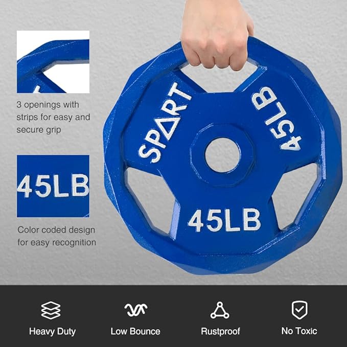 SPART Color Coded Weight Plate 2-Inch Cast Iron Tri-Grip Plate for Barbell,Solid Cast Iron Olympic Weight Plates for Strength Training, Weightlifting, Crossfit, 2.5/5/10/15/25/35/45LB, Single/Pair/Set