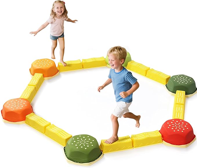 18 Pieces Non-Slip Balance Beam Stepping Stones for Kids 3 Years + Stackable Obstacle Course Balance Board for Toddlers Thicken Plastic Hold up 220LBS Indoor Outdoor Sensory Toy