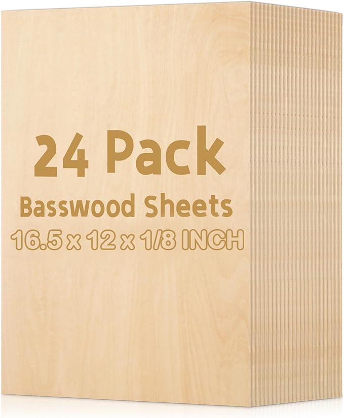 MIVIDE 16 Pack Basswood Sheets 1/8 inch, 16.5"x11.8"x1/8" Craft Plywood Sheets, 3mm Basswood for Laser Cutting, Plywood Boards Unfinished Wood for Crafts DIY Ornaments and Models Engraving Drawing