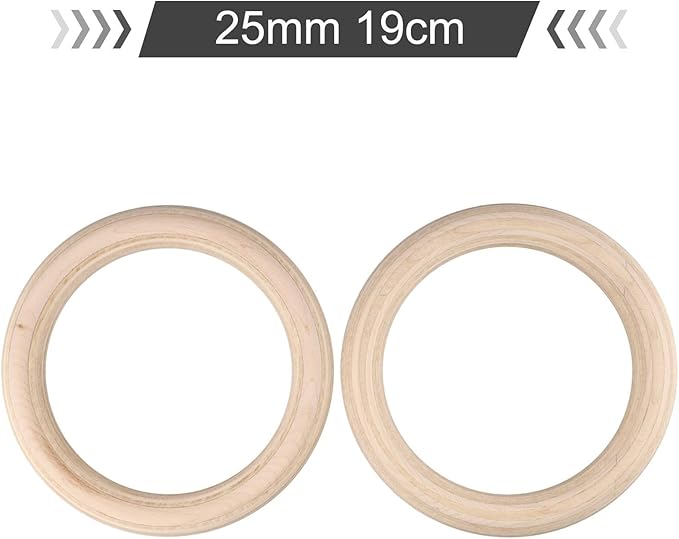2PCS Gymnastics Rings Birch Wood Gym Rings with Adjustable Straps for Home Gym Training, Workout, Calisthenics, Pull Up, Non-Slip Sweat-Absorbent Exercise (25mm 19cm)