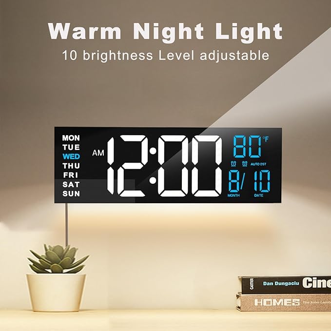 JALL 16" Large Digital Wall Mount Clock, Count Down Timer, Alarm, Big LED, RGB Color, DST, Temperature for Living Room Classroom Desk, Xmas, Birthday Gift for Senior Mom Dad (White Blue, 16 inches)