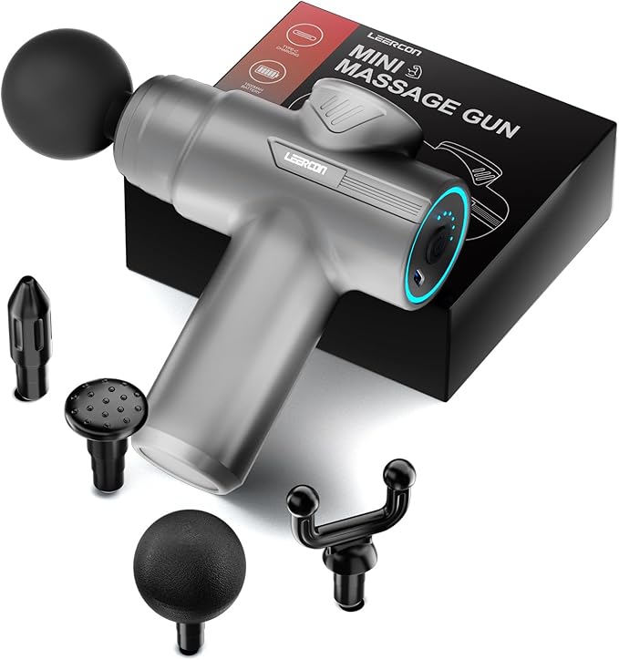 LEERCON Mini Massage Gun, Deep Tissue Relief, 6 Speeds, 4 Heads, Portable for Travel, Office & Home, Gift for Men & Women (Gray)