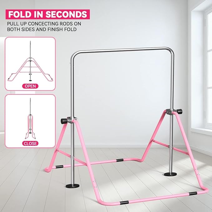 FBSPORT Gymnastics Bar for Kids with Rings,Adjustable Height Gymnastic Horizontal Bars Junior Training Bar Children Folding Training Monkey Bars for Home Using