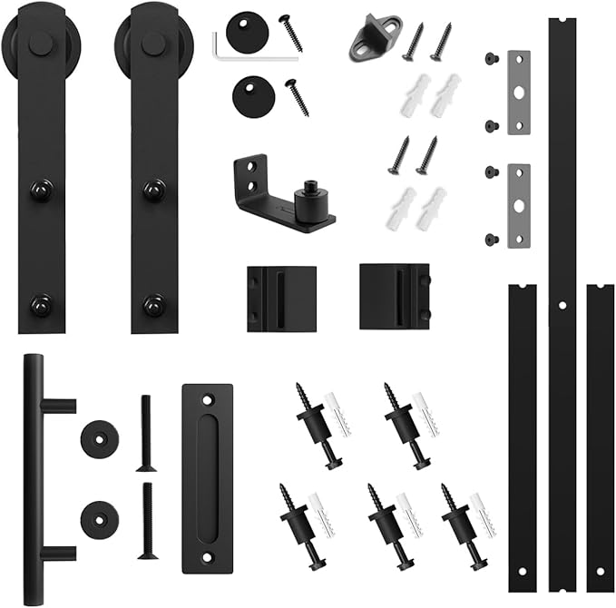 SMARTSTANDARD 7 FT Heavy Duty Sturdy Sliding Barn Door Hardware Kit, Black, (Whole Set Includes 1x Pull Handle Set & 1x Floor Guide) Fit 40''-42" Wide Door Panel (I Shape Hanger)