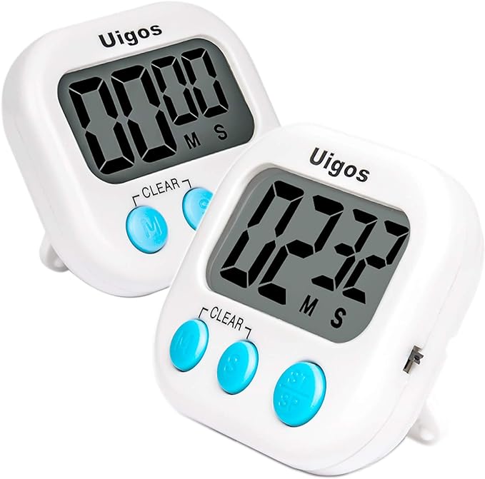 Uigos 2 Pack Digital Kitchen Timer II 2.0, Big Digits, Loud Alarm, Magnetic Backing, Stand, for Cooking Baking Sports Games Office (White) (2 Pack)