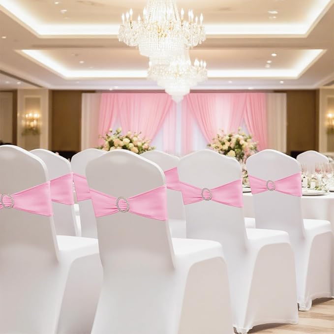 150 Pack Spandex Stretch Chair Sashes Bows, Elastic Stretch Chair Cover Bands Ties with Buckle Slider for Wedding Party Ceremony Reception Event Banquet Decoration (Pink)