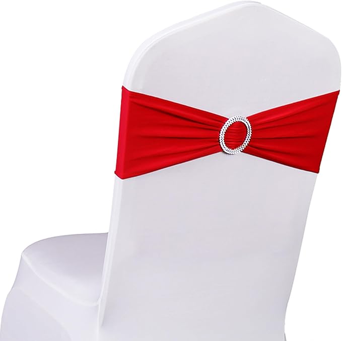 Pack of 50 Spandex Red Chair Sashes for Wedding Chair Bows Sashes Bands Buckles Fitting Birthday Party Anniversary Events Ceremony Bridal Baby Shower Decorations