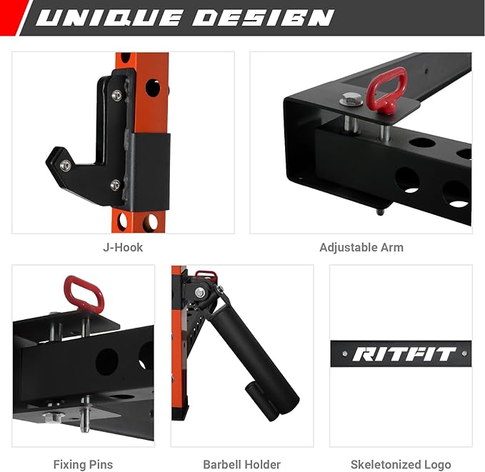 RitFit 2.36'' x 2.36'' Folding Squat Rack for Home Gym, Wall Mounted Squat Rack with Attachments - Space Saving Squat Power Rack